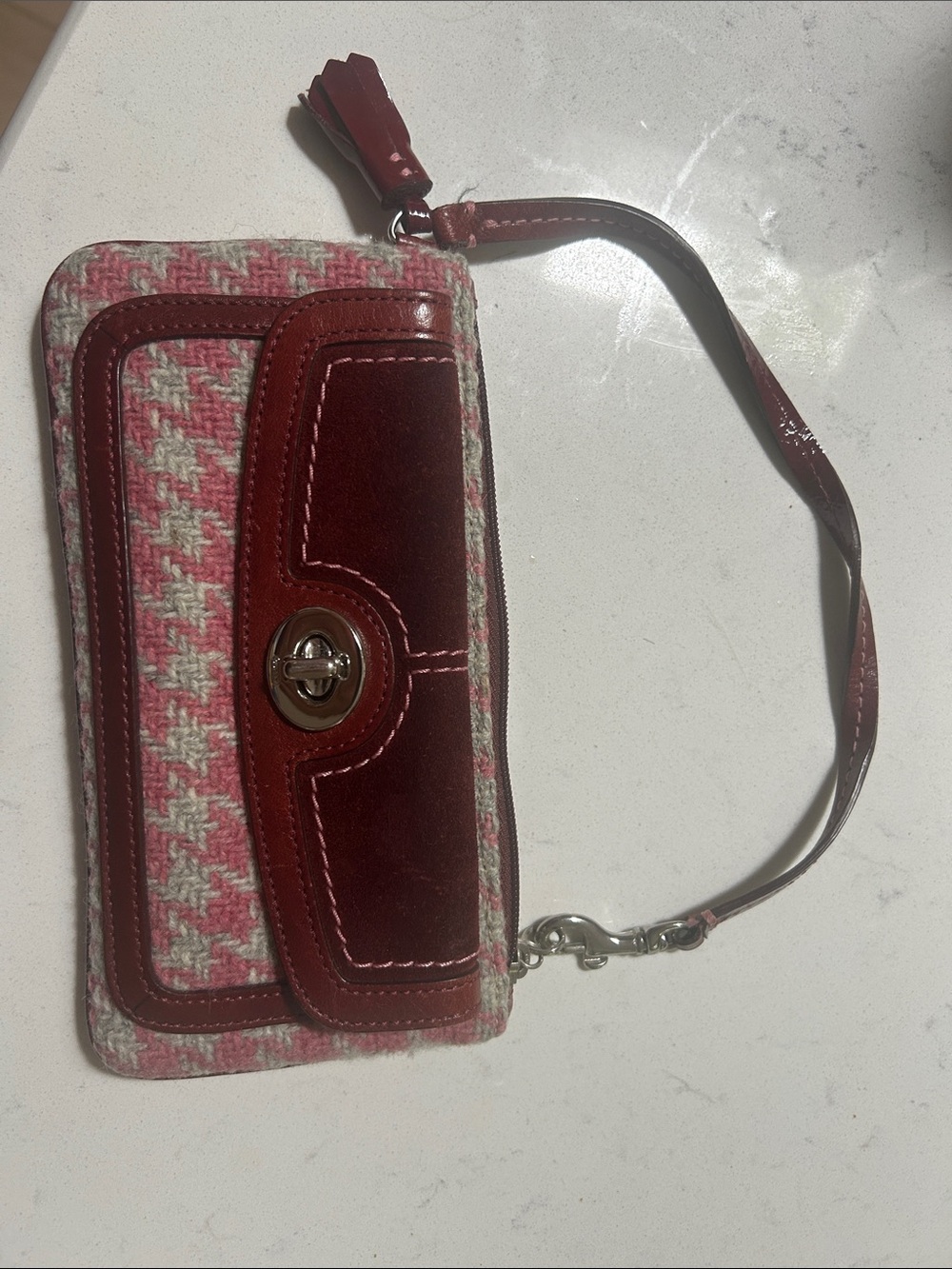Pink Coach Houndstooth Wristlet Clutch with Maroon Leather Trim